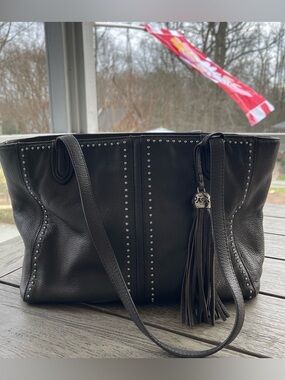 Brighton Pretty Tough Jax Studded Gray Leather Shoulder Tote Bag with Tassel